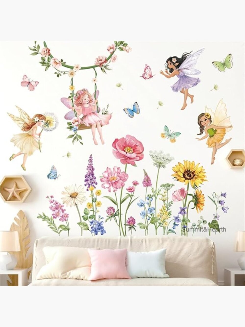 Flower Fairy Wall Decals, 2 Sheets 30x90cm, Waterproof PVC Stickers for Nursery